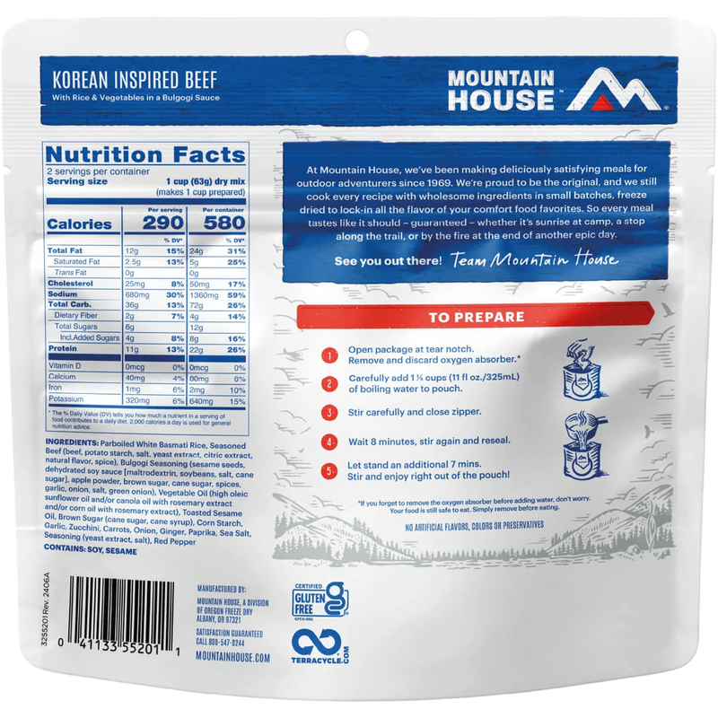 Korean Inspired Beef (2 Servings), Mountain House Korean Inspired Beef back of package
