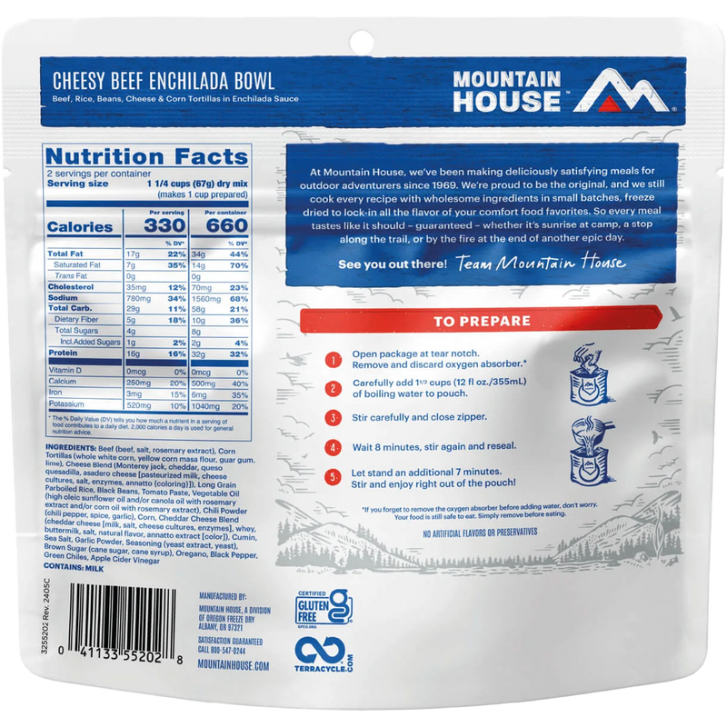 Cheesy Beef Enchilada Bowl, Mountain House Cheesy Beef Enchilada Bowl back of package