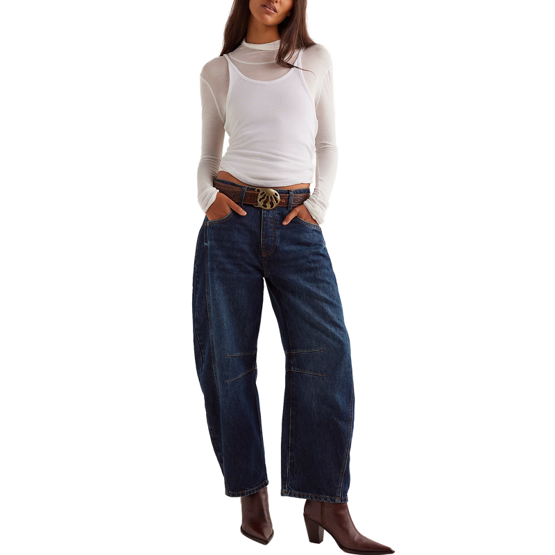 Women's Good Luck Mid Rise Barrel Jeans, Free People Women's Good Luck Mid Rise Barrel Jeans in 4452 Deep End front