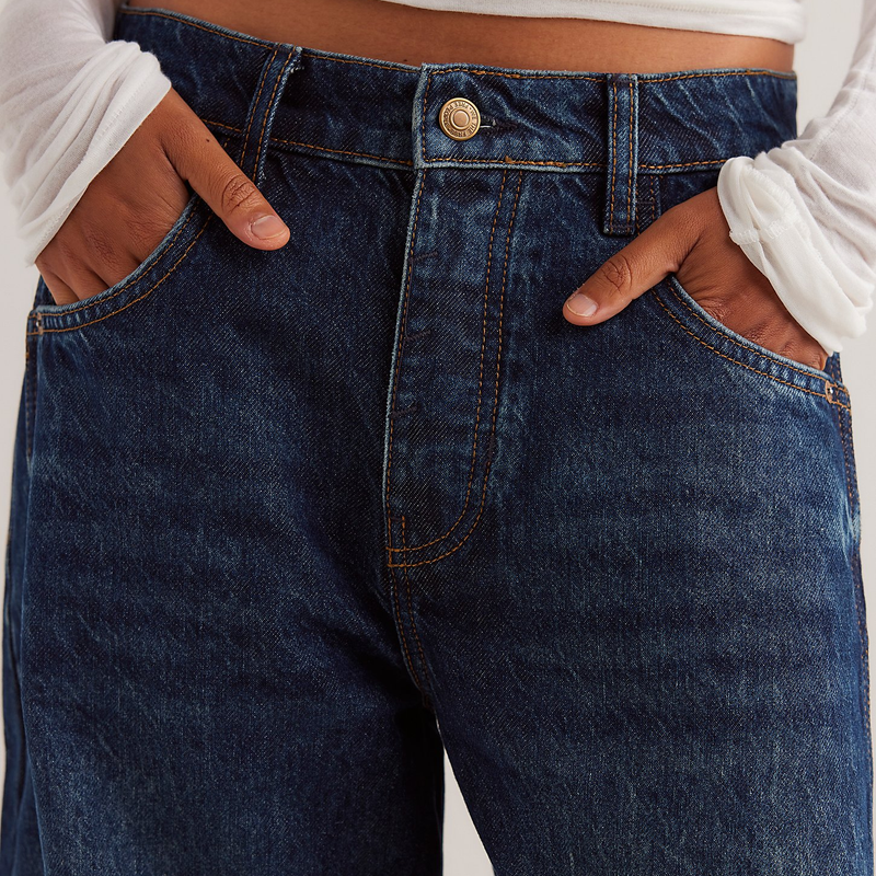 Women's Good Luck Mid Rise Barrel Jeans, Free People Women's Good Luck Mid Rise Barrel Jeans in 4452 Deep End front fly and button