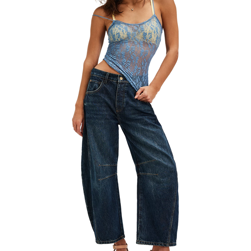 Women's Good Luck Mid Rise Barrel Jeans, Free People Women's Good Luck Mid Rise Barrel Jeans in 4452 Deep End front