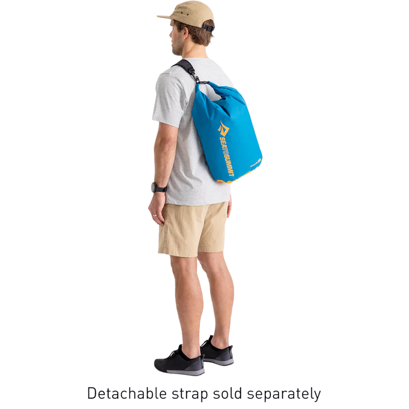 Evac Lightweight Dry Bag 13L, Sea to Summit Evac Lightweight Dry Bag clipped on strap and slung over shoulder 