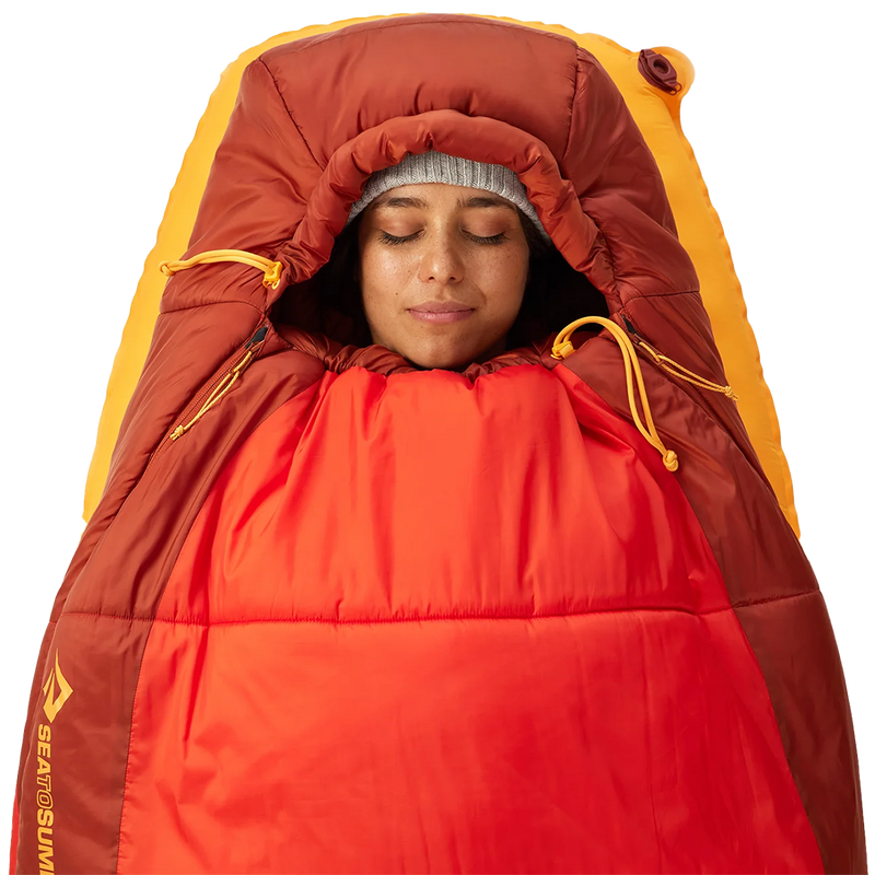 Women's Hamelin 15F Long, Sea to Summit Women's Hamelin 15F in Spicy Orange hood with model
