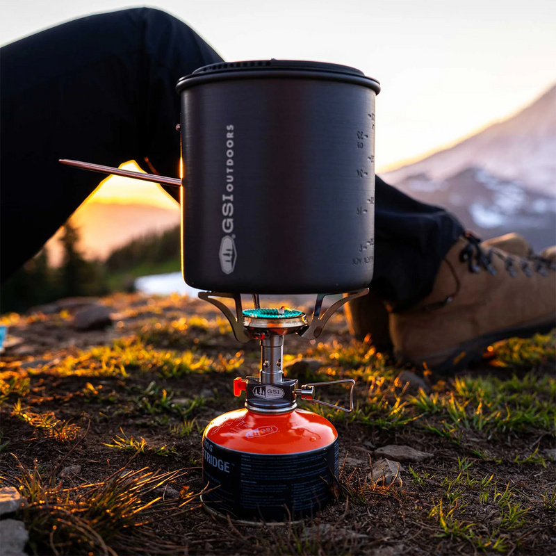 Glacier Canister-Top Stove, GSI Outdoors Glacier Canister-Top Stove in use with canister and pot