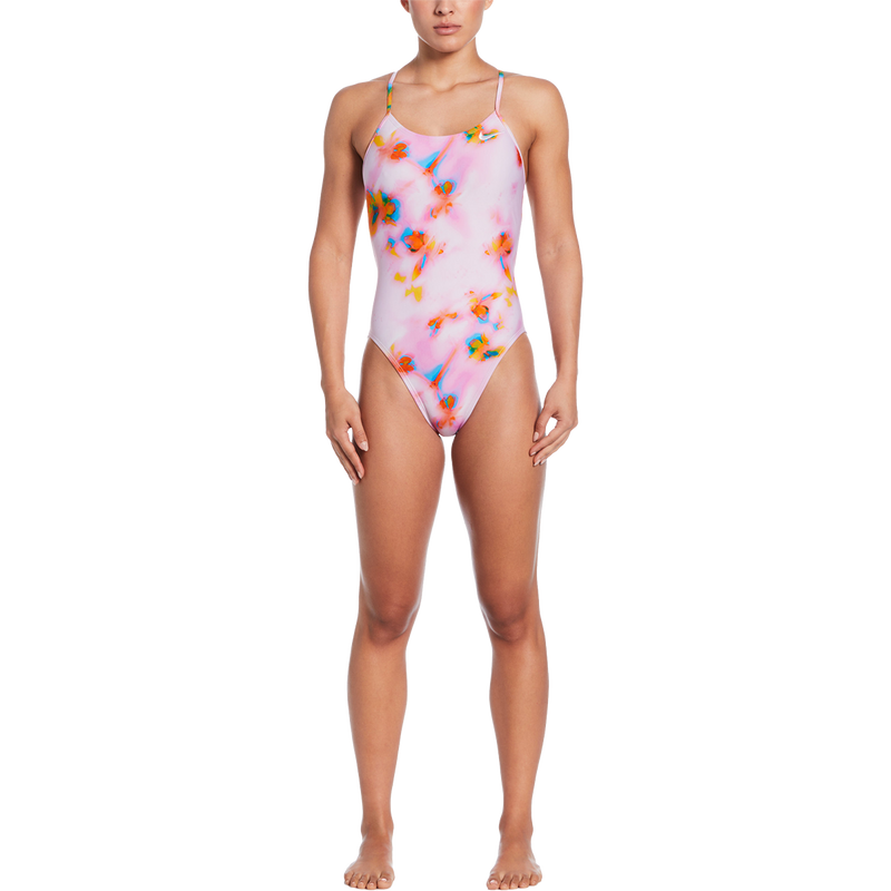Women's Hydrastrong Print Cutout One Piece, Nike Swim Women's Women's Hydrastrong Print Cutout One Piece in 681 Pink Foam front