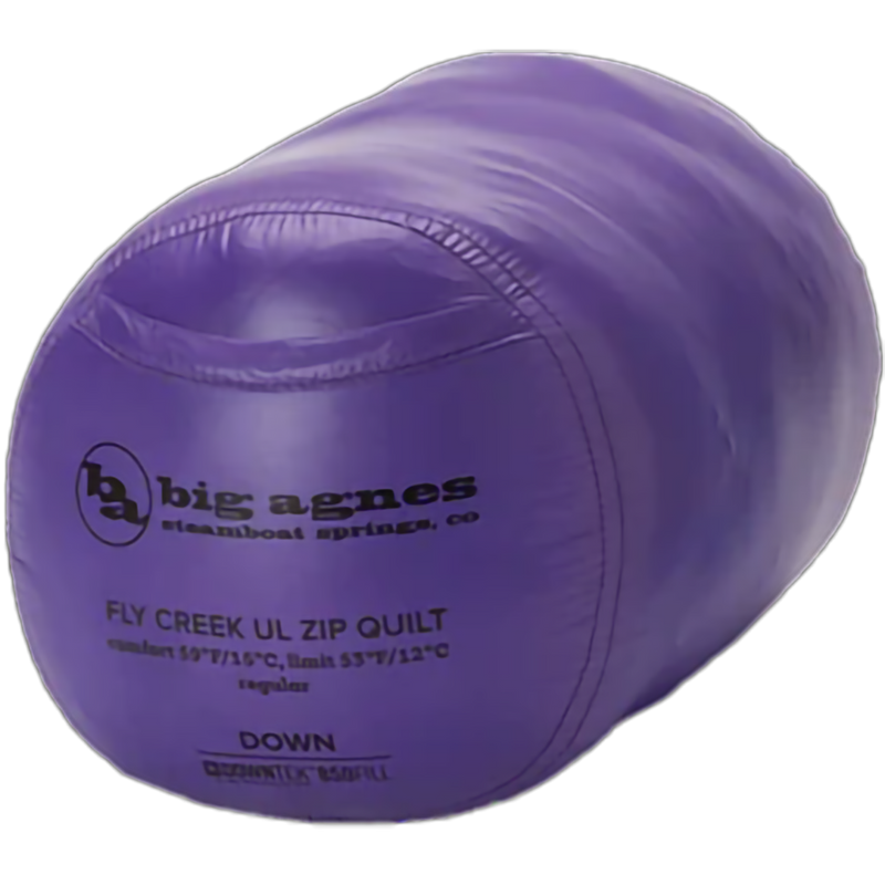 Fly Creek UL Zip Quilt 50 - Regular, Big Agnes Fly Creek UL Zip Quilt 50 in Asphalt/Royal Purple in stuff sack