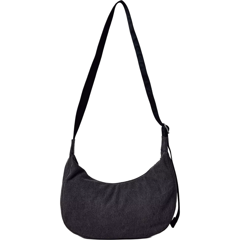 Medium Denim Crescent Bag, Baggu Medium Denim Crescent Bag Wash Black Denim with straps extended