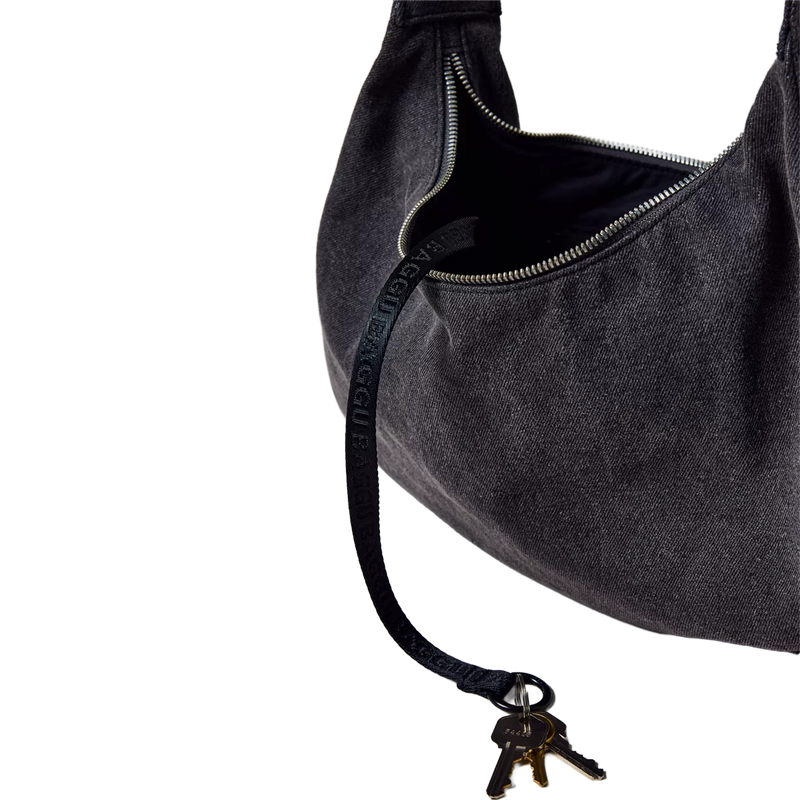 Medium Denim Crescent Bag, Baggu Medium Denim Crescent Bag Wash Black Denim with leash detail