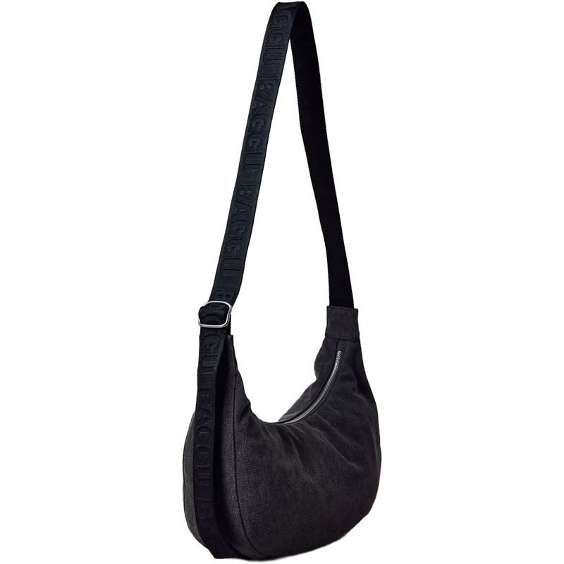 Medium Denim Crescent Bag, Baggu Medium Denim Crescent Bag in Wash Black Denim side view