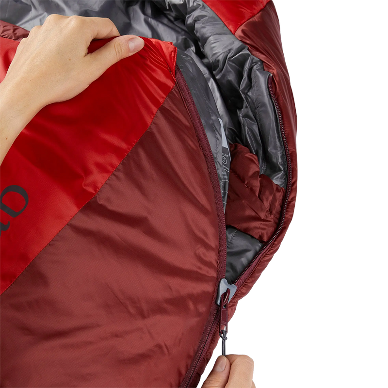 Women's Solar Eco 3, Rab Women's Solar Eco 3 in Ascent Red zipper with model
