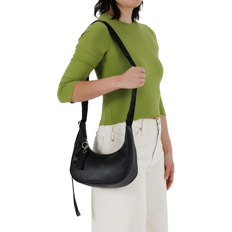 Small Recycled Leather Crescent Bag, Baggu Small Recycled Leather Crescent Bag on model shoulder