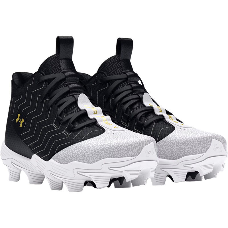 Youth Harper 9 RM Baseball Cleats, Under Armour Youth Harper 9 RM in Black/White pair front right