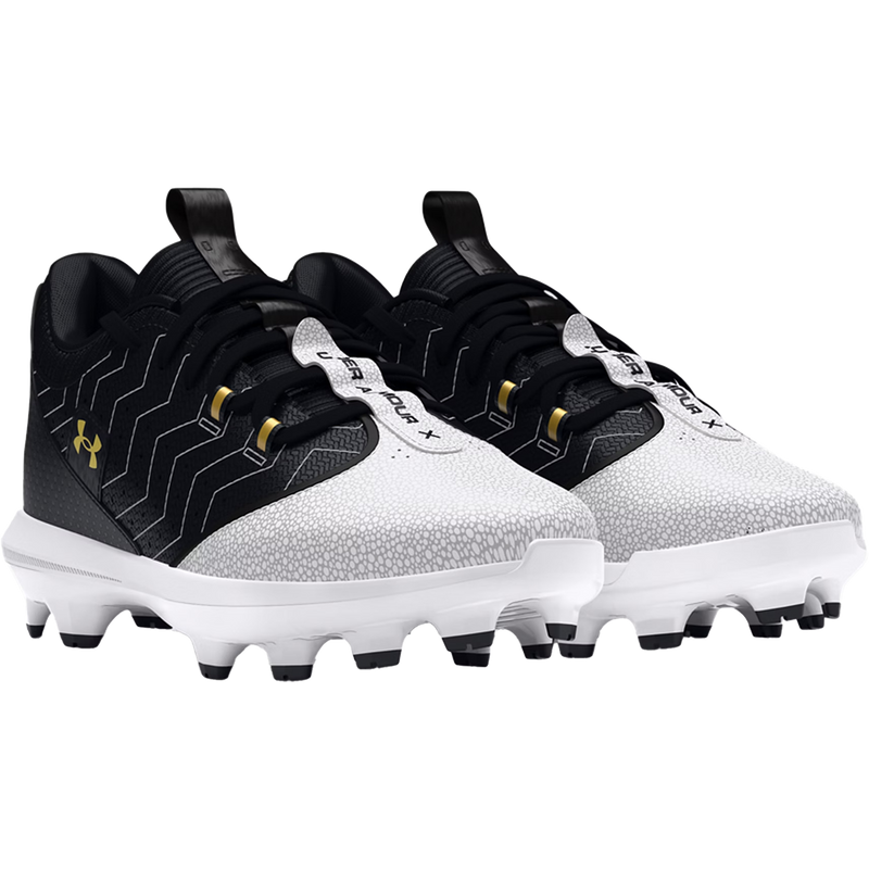 Youth Harper 9 TPU Baseball Cleats, Under Armour Youth Harper 9 TPU Baseball Cleats in Black/White pair front right