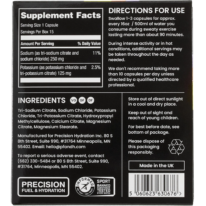 Electrolyte Capsules, Precision Fuel and Hydration Electrolyte Capsules back of package