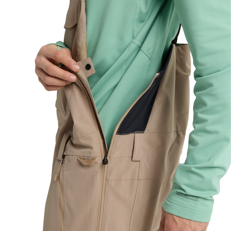 Men's Reserve 2L Stretch Bibs, Burton Reserve 2L Stretch Bibs in AH2-Summit Taupe side zipper left