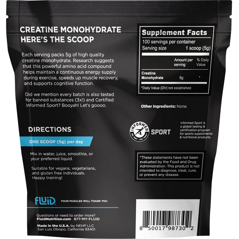 100% Creatine Monohydrate (30 Single Servings), Fluid 100% Creatine Monohydrate (30 Single Servings) unflavored back of package