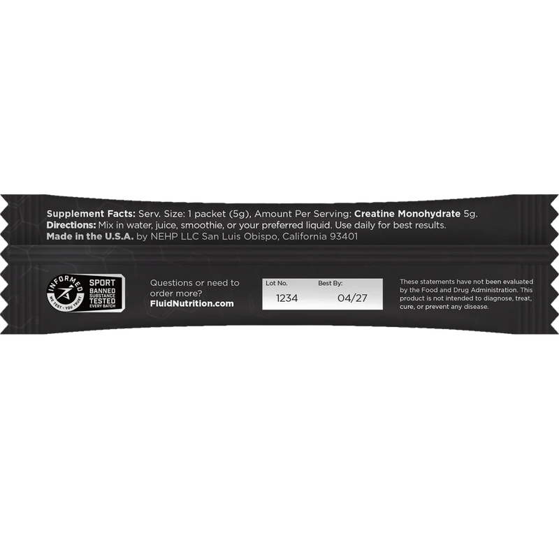 100% Creatine Monohydrate (30 Single Servings), Fluid 100% Creatine Monohydrate (30 Single Servings) single packet back of package