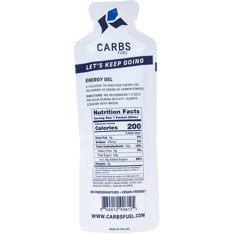 Original 50g Energy Gel, Carbs Fuel Original 50g Energy Gel back of packet