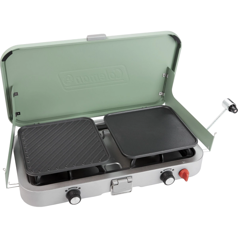 Cascade 3-In-1 Stove, Coleman Cascade 3-In-1 Stove in Green front left with griddles