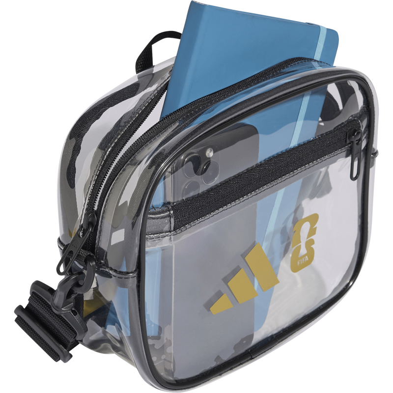 Official World Cup Emblem Bag, Adidas Official World Cup Emblem Bag in Transparent/Black/Dark Football Gold loaded and unzipped