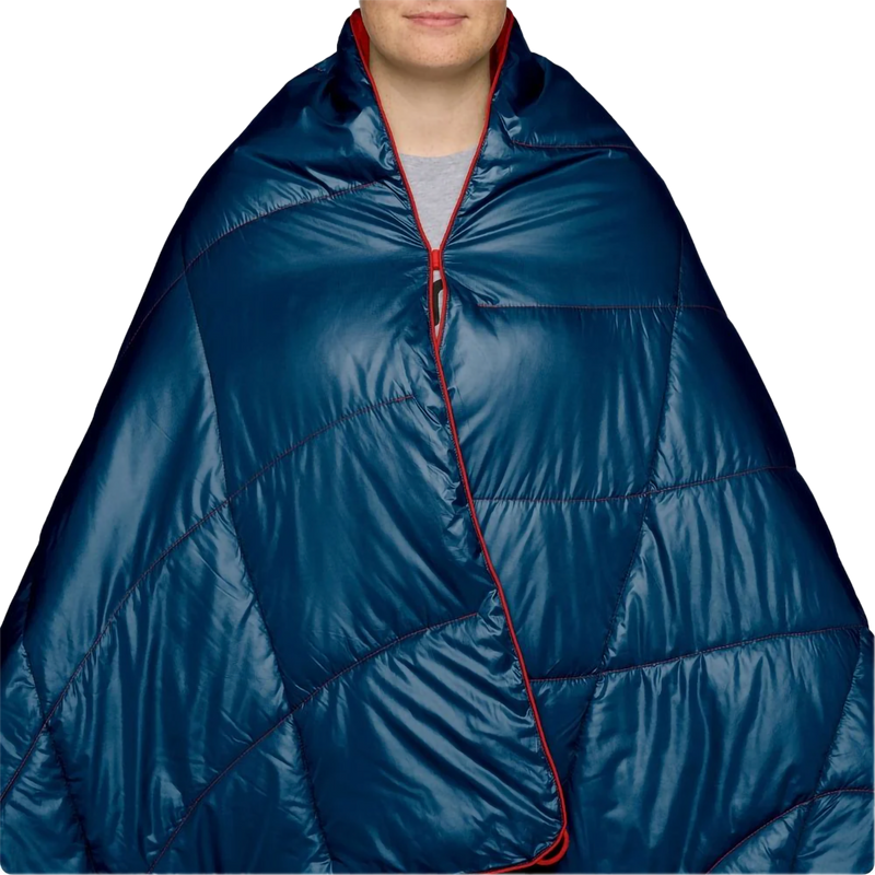 The Backcountry Puffy Blanket, Rumpl The Backcountry Puffy Blanket in Deepwater on model