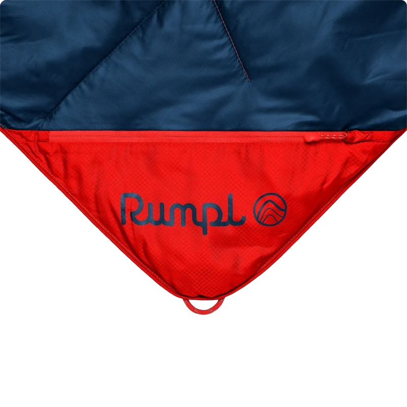 The Backcountry Puffy Blanket, Rumpl The Backcountry Puffy Blanket in Deepwater corner with logo