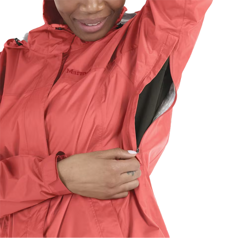 Women's PreCip Eco Jacket, Marmot Women's PreCip Eco Jacket in 9949-Grapefruit arm pit zipper