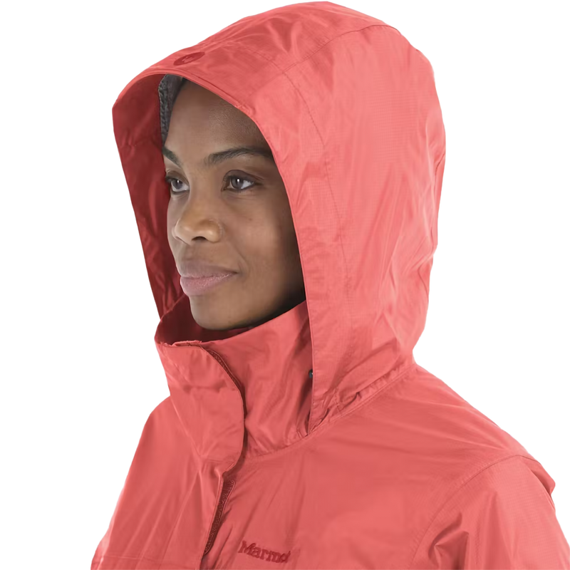 Women's PreCip Eco Jacket, Marmot Women's PreCip Eco Jacket in 9949-Grapefruit hood
