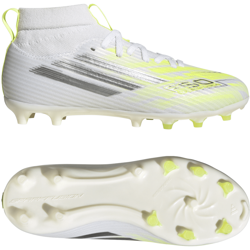 Youth F50 Sparkfusion League FG/AG, Adidas Youth F50 Sparkfusion League FG/AG in Ftwr White/Iron Metallic/Hi-Res Yellow pair right and bottom