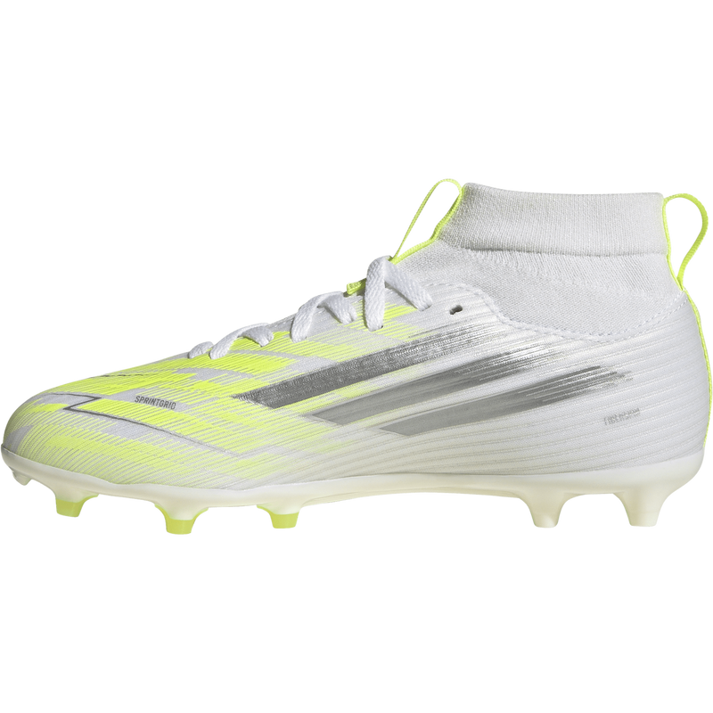 Youth F50 Sparkfusion League FG/AG, Adidas Youth F50 Sparkfusion League FG/AG in Ftwr White/Iron Metallic/Hi-Res Yellow right inside profile