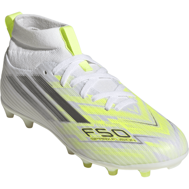 Youth F50 Sparkfusion League FG/AG, Adidas Youth F50 Sparkfusion League FG/AG in Ftwr White/Iron Metallic/Hi-Res Yellow right front