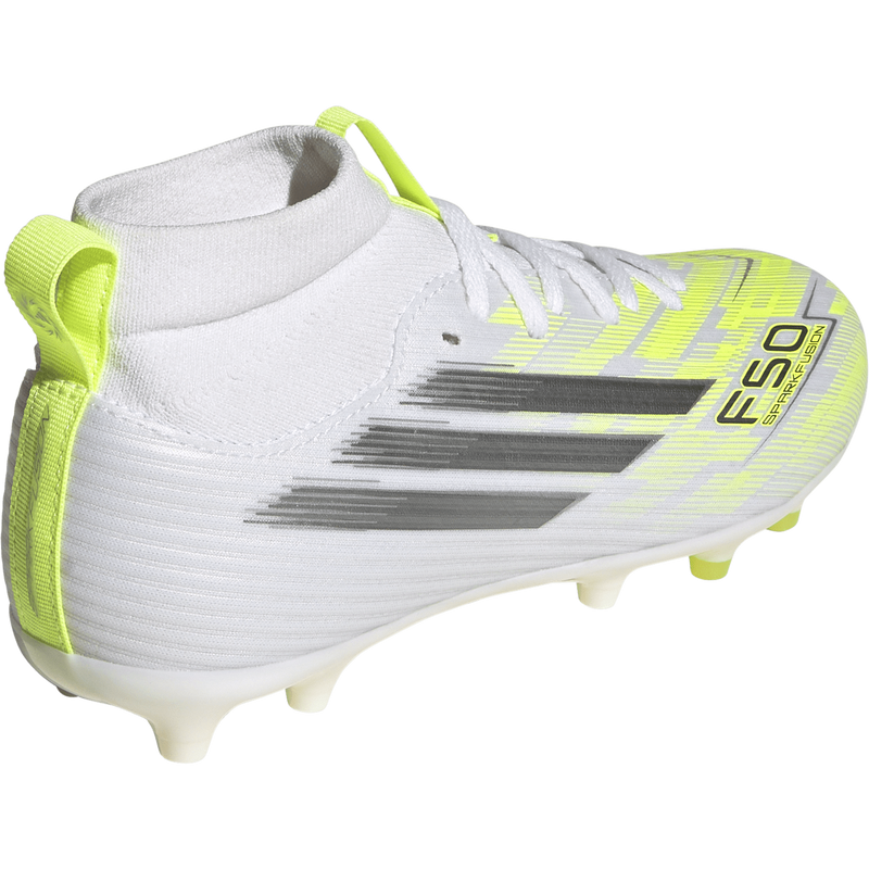 Youth F50 Sparkfusion League FG/AG, Adidas Youth F50 Sparkfusion League FG/AG in Ftwr White/Iron Metallic/Hi-Res Yellow right rear