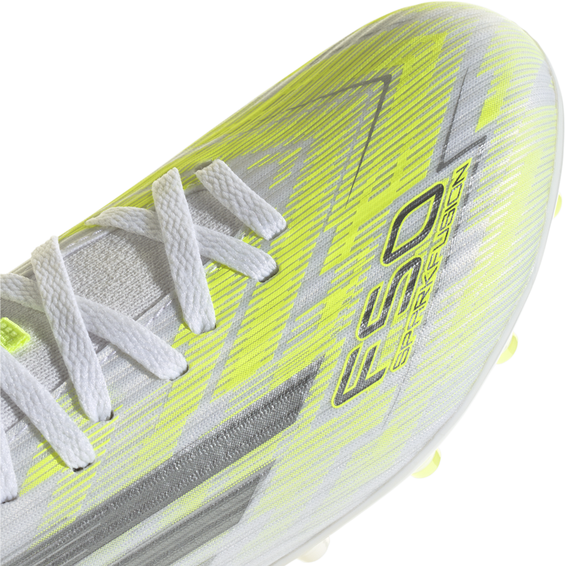 Youth F50 Sparkfusion League FG/AG, Adidas Youth F50 Sparkfusion League FG/AG in Ftwr White/Iron Metallic/Hi-Res Yellow toe