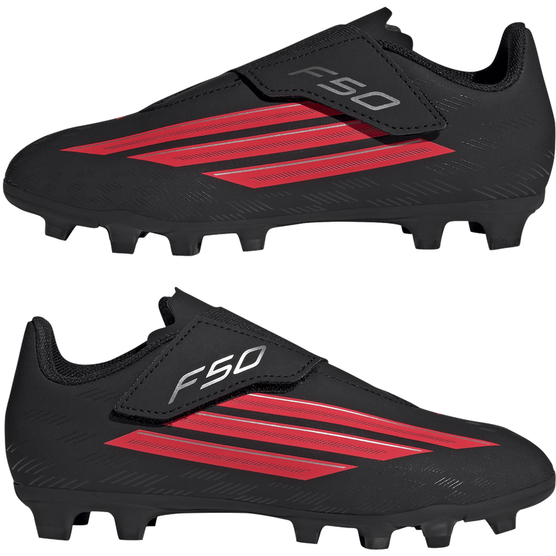 Youth F50 Club Velcro FxG FG/MG, Adidas Youth F50 Club Velcro FxG in Core Black/Lucid Red/Core Black pair left and right