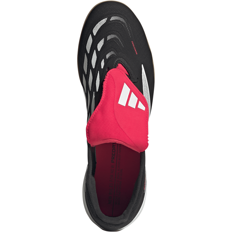 Predator League Fold-Over Tongue Indoor, Adidas Predator League Fold-Over Tongue Indoor in Core Black/White/Lucid Red top of right shoe