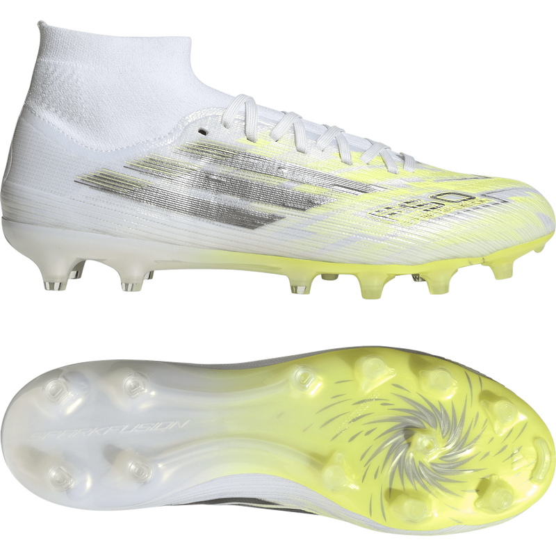 Women's F50 Sparkfusion Pro FG/AG, Adidas Women's F50 Sparkfusion Pro FG/AG in White/Iron Metallic/Hi-Res Yellow pair right profile and bottom
