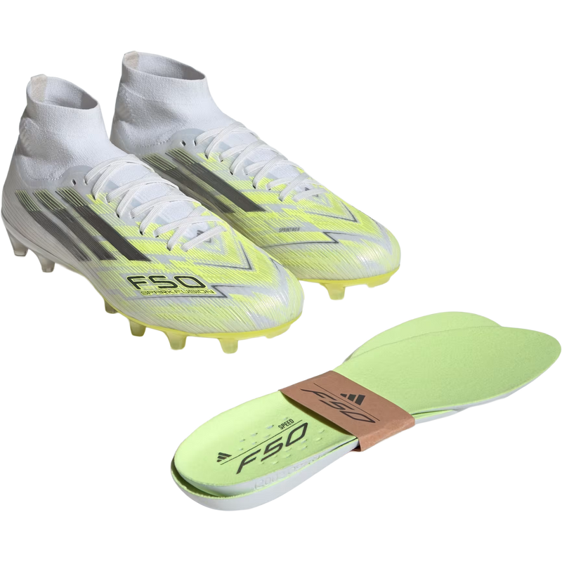 Women's F50 Sparkfusion Pro FG/AG, Adidas Women's F50 Sparkfusion Pro FG/AG in White/Iron Metallic/Hi-Res Yellow pair right front with insoles