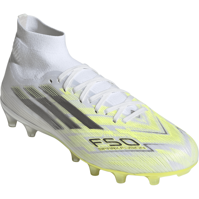 Women's F50 Sparkfusion Pro FG/AG, Adidas Women's F50 Sparkfusion Pro FG/AG in White/Iron Metallic/Hi-Res Yellow right front