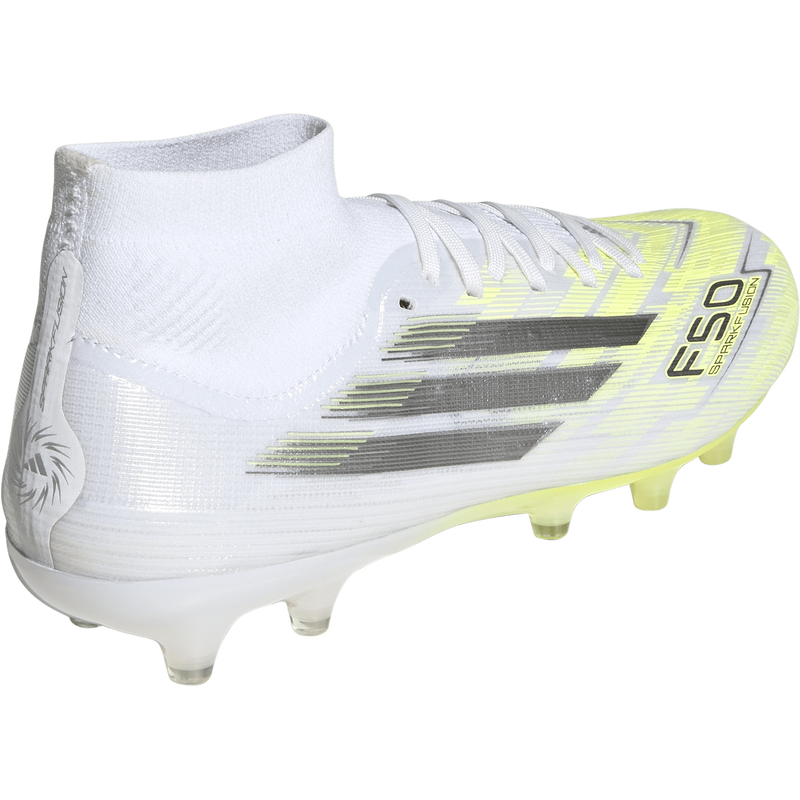 Women's F50 Sparkfusion Pro FG/AG, Adidas Women's F50 Sparkfusion Pro FG/AG in White/Iron Metallic/Hi-Res Yellow right rear