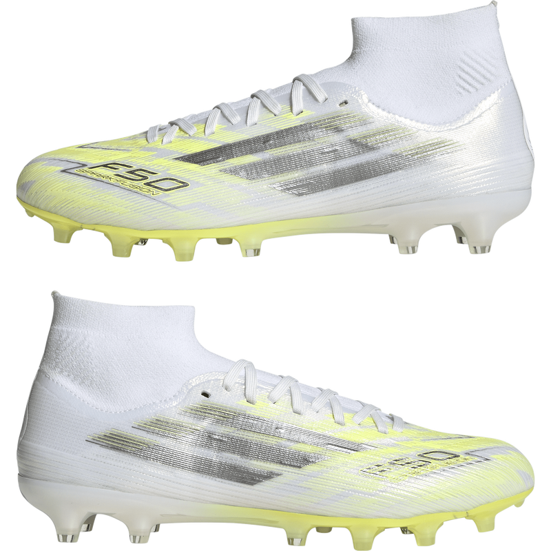 Women's F50 Sparkfusion Pro FG/AG, Adidas Women's F50 Sparkfusion Pro FG/AG in White/Iron Metallic/Hi-Res Yellow pair left and right profile