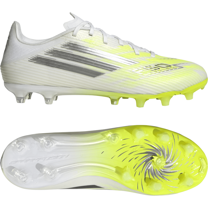 Women's F50 Sparkfusion L League FG/MG, Adidas Women's F50 Sparkfusion L League FG/MG in White/Iron Metallic/Hi-Res Yellow pair right and bottom