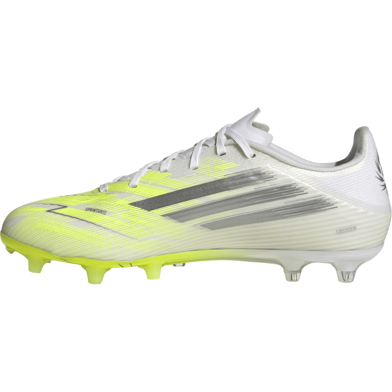 Women's F50 Sparkfusion L League FG/MG, Adidas Women's F50 Sparkfusion L League FG/MG in White/Iron Metallic/Hi-Res Yellow right inside profile