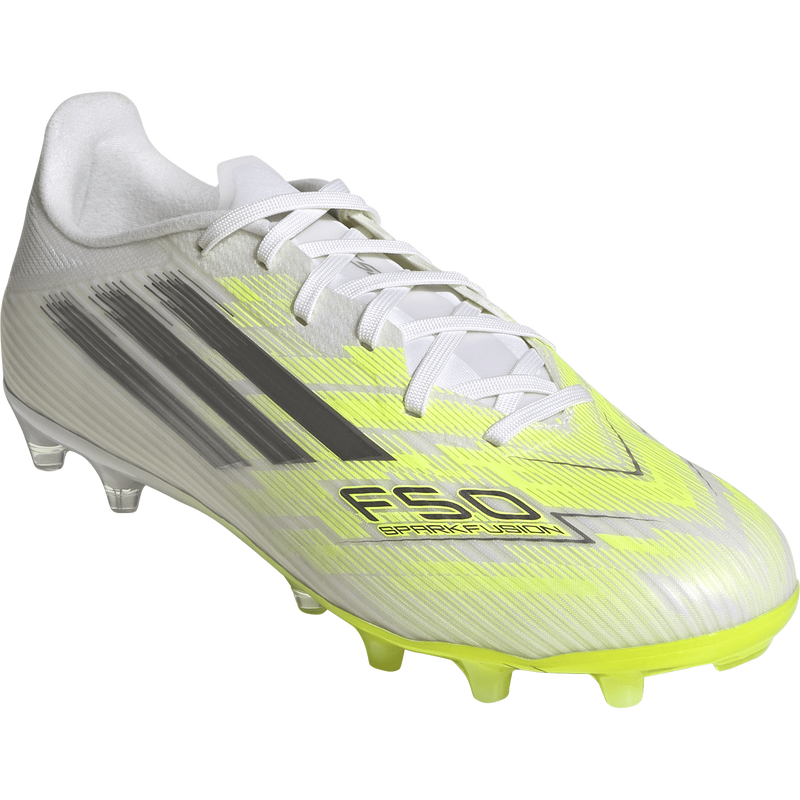 Women's F50 Sparkfusion L League FG/MG, Adidas Women's F50 Sparkfusion L League FG/MG in White/Iron Metallic/Hi-Res Yellow right front
