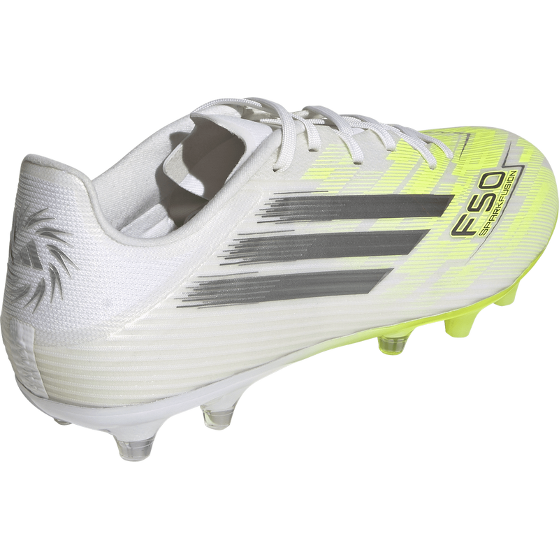 Women's F50 Sparkfusion L League FG/MG, Adidas Women's F50 Sparkfusion L League FG/MG in White/Iron Metallic/Hi-Res Yellow right rear