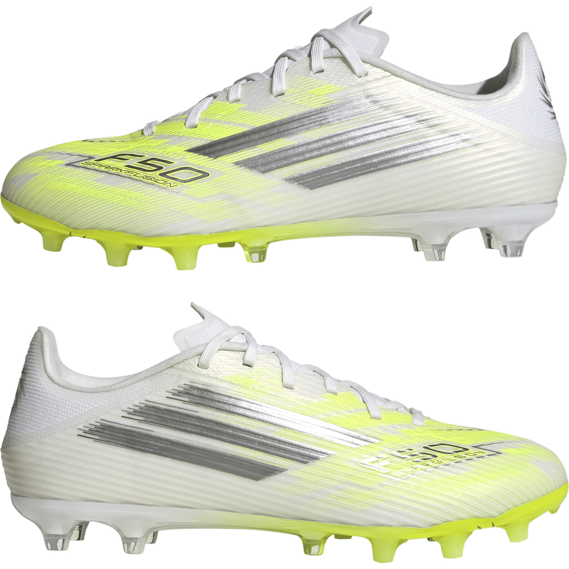 Women's F50 Sparkfusion L League FG/MG, Adidas Women's F50 Sparkfusion L League FG/MG in White/Iron Metallic/Hi-Res Yellow pair left and right profile