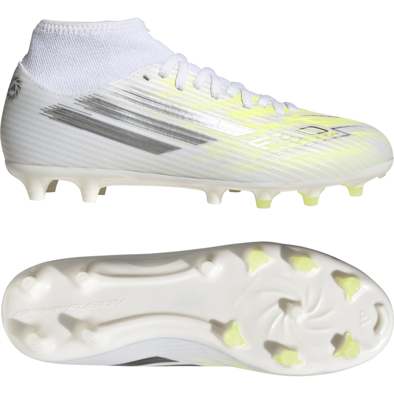 Women's F50 Sparkfusion Club FG/AG, Adidas Women's F50 Sparkfusion Club FG/AG in White/Iron Metallic/Hi-Res Yellow pair right and bottom