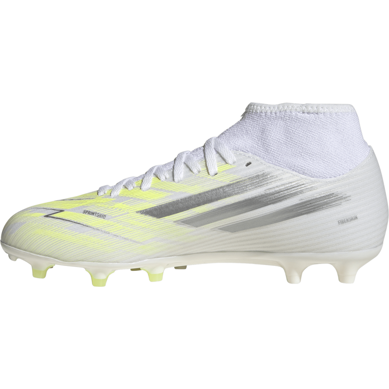 Women's F50 Sparkfusion Club FG/AG, Adidas Women's F50 Sparkfusion Club FG/AG in White/Iron Metallic/Hi-Res Yellow right inside profile