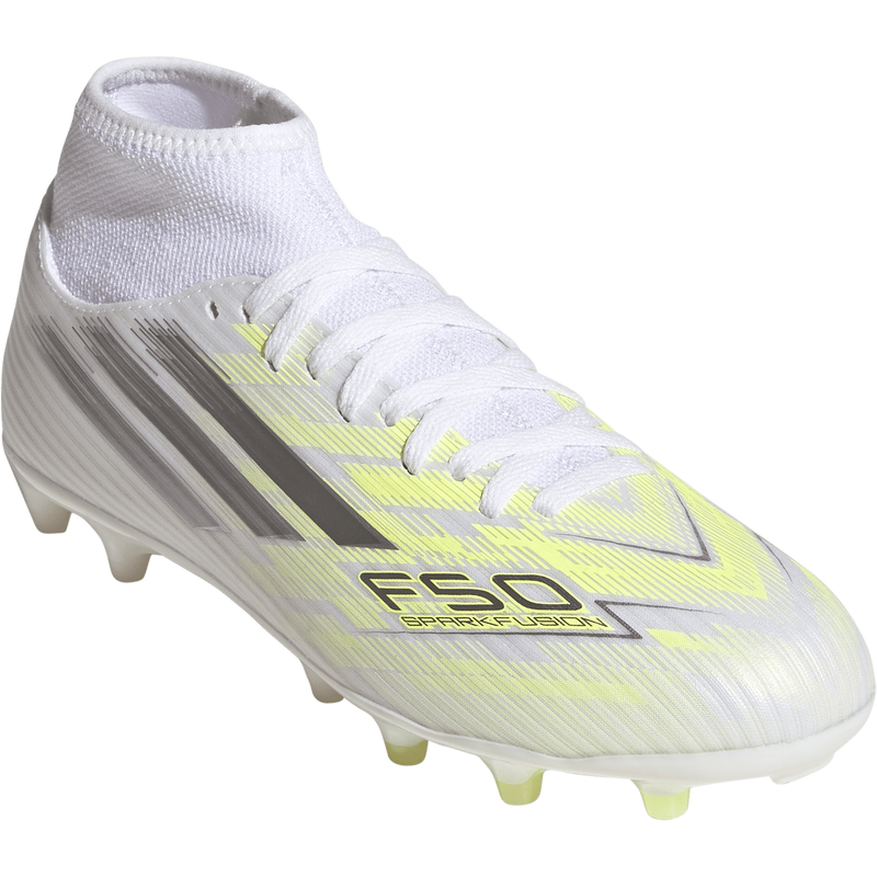 Women's F50 Sparkfusion Club FG/AG, Adidas Women's F50 Sparkfusion Club FG/AG in White/Iron Metallic/Hi-Res Yellow right front