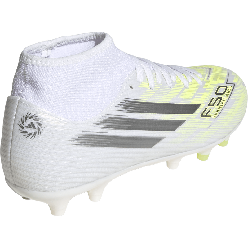 Women's F50 Sparkfusion Club FG/AG, Adidas Women's F50 Sparkfusion Club FG/AG in White/Iron Metallic/Hi-Res Yellow right rear