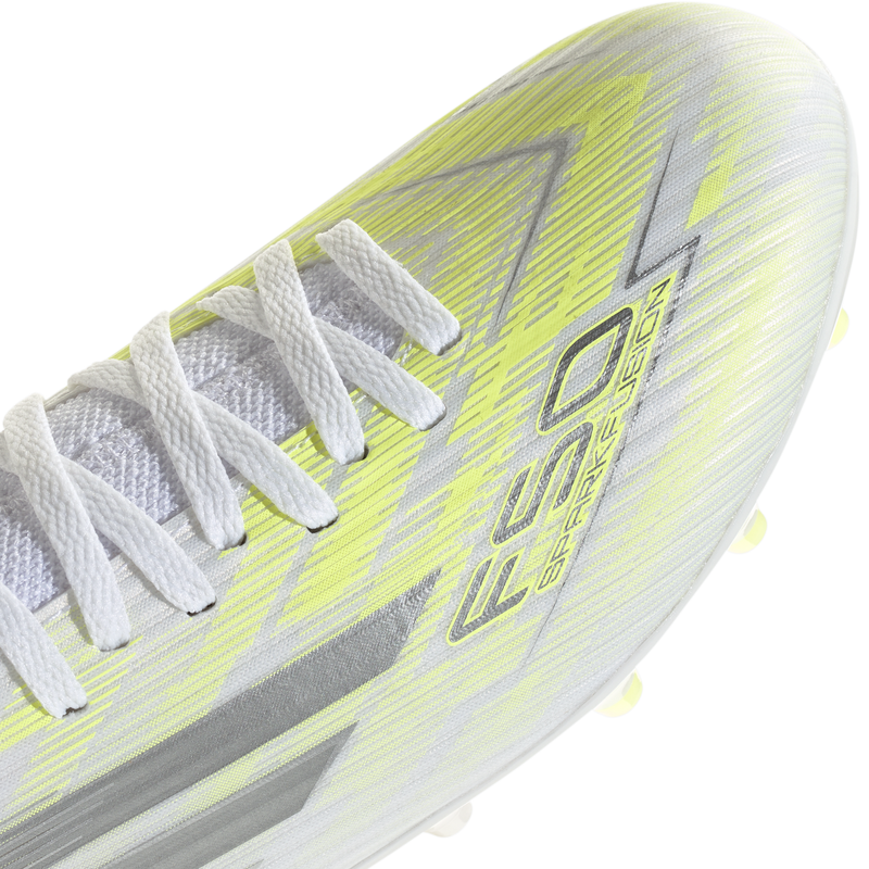 Women's F50 Sparkfusion Club FG/AG, Adidas Women's F50 Sparkfusion Club FG/AG in White/Iron Metallic/Hi-Res Yellow toe